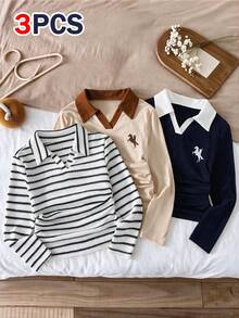 Teen Girls 3pcs Waffle Knit Long Sleeve Polo Shirt Set, Side Ruched Horse Print V-Neck Top, Casual Preppy School Uniform Base Layer T-Shirt Outfit - Multicolor - View 2