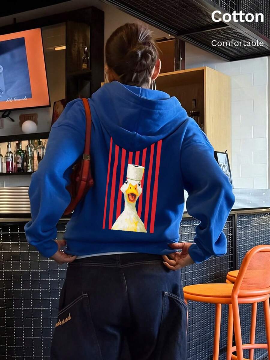 Autumn Casual Lightweight Hooded Sweatshirt, Duck Print With Vertical Stripes, Y2K Minimalist Style - Multi-blue 1 - View 1