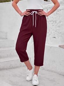 Jisfaneya Women's Solid-Color Lace-Up Pocket Casual Cropped Pants - Burgundy - View 3