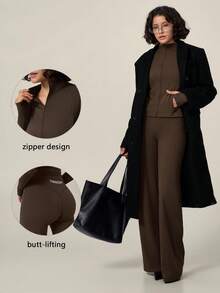 TimeOff Women's One Set Autumn/Winter Solid Color Small Stand Collar Zipper Thumb Hole Side Pocket Jacket & Flared Pants - Coffee Brown - View 10