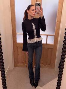 ROSIE POPHUB Women Black Mock Neck Flare Long Sleeve Top High Stretch Lace Spliced Button Front Slim Fit Elegant Commute Christmas Top For Fall Winter - Black - View 6