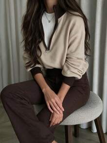 杏色拉鍊高領女款毛衣，復古優雅長袖秋冬通勤穿搭，休閒時尚對比飾邊套頭夾克 - 杏色 - 查看 6