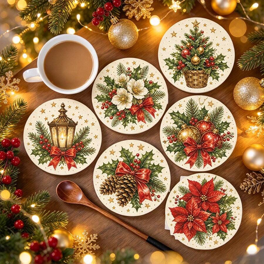 Best-Selling Christmas Style, Vintage Artistic Christmas Plant Round Waterproof Heat-Insulating Coaster, Table Protector, Christmas Dinner Decoration, Holiday Party Home Kitchen Decor, Christmas Gift For Friends And Family - PET Coaster LDX2990 - View 1