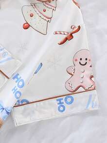 2-Piece Women's Christmas Pajama Set, Christmas Cartoon Gingerbread Man And Bear Print Pattern, 2-Piece Women's Short Sleeve Pajama Set, Lapel Short Sleeve Cardigan And Long Pants Set, Suitable For All Seasons, Home Wear, Comfortable And Loose - Multicolor - View 7