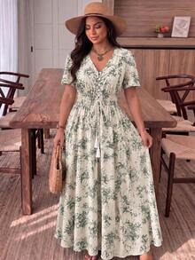 Rusttydustty Plus Size Women's Blue Floral Print Front Button Long Dress, Short Sleeve, Tassel Tie Waist, Bohemian Style Elegant - Green - View 2