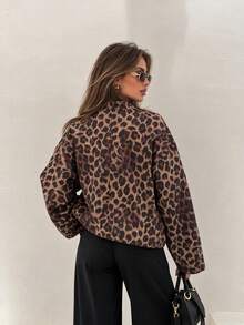 Fashionable Women's Leopard Print Woven Baseball Jacket, Long Sleeve Flight Jacket With Pockets And Zipper, Autumn/Winter Outfit Essential - Brown - View 11