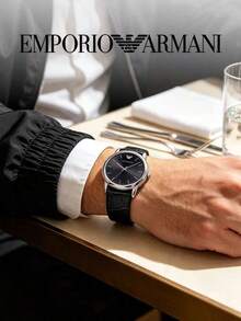 Armani AR2500 Luigi Series Men's Business Watch, Slim Minimalist Design, Polished Steel Case, Crocodile Embossed Genuine Leather Strap, Single Date - Black - View 5