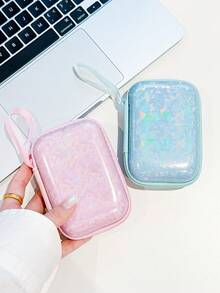 Cute Holographic Glitter Mini Hard Shell Storage Bag Portable Hand Strap Zipper Pouch Travel Organizer For Earphone Charger Cable Jewelry Small Gadgets Girls Accessory Case - Multicolor - View 5