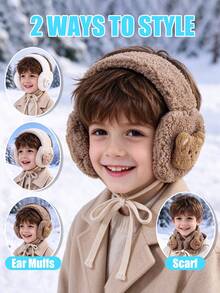 1pc Toddler Plush Bear Ear Muffs, Comfortable Fleece Adjustable Drawstring Children Ear Warmers, Sweet Neutral Color Baby Outdoor Casual Ear Accessories - 1PC - View 1
