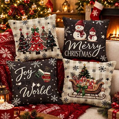 4pcs Christmas Pillowcase Set, Decorative Cushion Covers With Christmas Tree, Snowman, Merry Christmas, World Full Of Joy And Gift Sleigh Patterns, Vintage Red & Black Plaid Snowflake Holiday Throw Pillow Covers, Suitable For Sofa, Living Room, Bedroom Home Decor, Pillow Inserts Not Included
