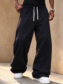 Men's Loose Fit Black Wide Leg Sweatpants, Relaxed Drape Slimming Casual Long Pants With Drawstring Design, Versatile For Daily Commute And Streetwear - Black - View 6