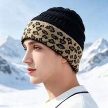 1 Women's Leopard Print Cuff Knitted Beanie, Unisex, Warm Solid Textured Winter Outdoor Ski Hat - A - View 6