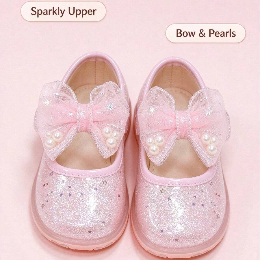 Girls' New Pink Glitter Mary Jane Princess Shoes, Mesh Pearl Bow Hook And Loop Soft Sole Round Toe Shoes, Suitable For Performance, Birthday, Holiday, Party And Daily Wear - Pink - View 1