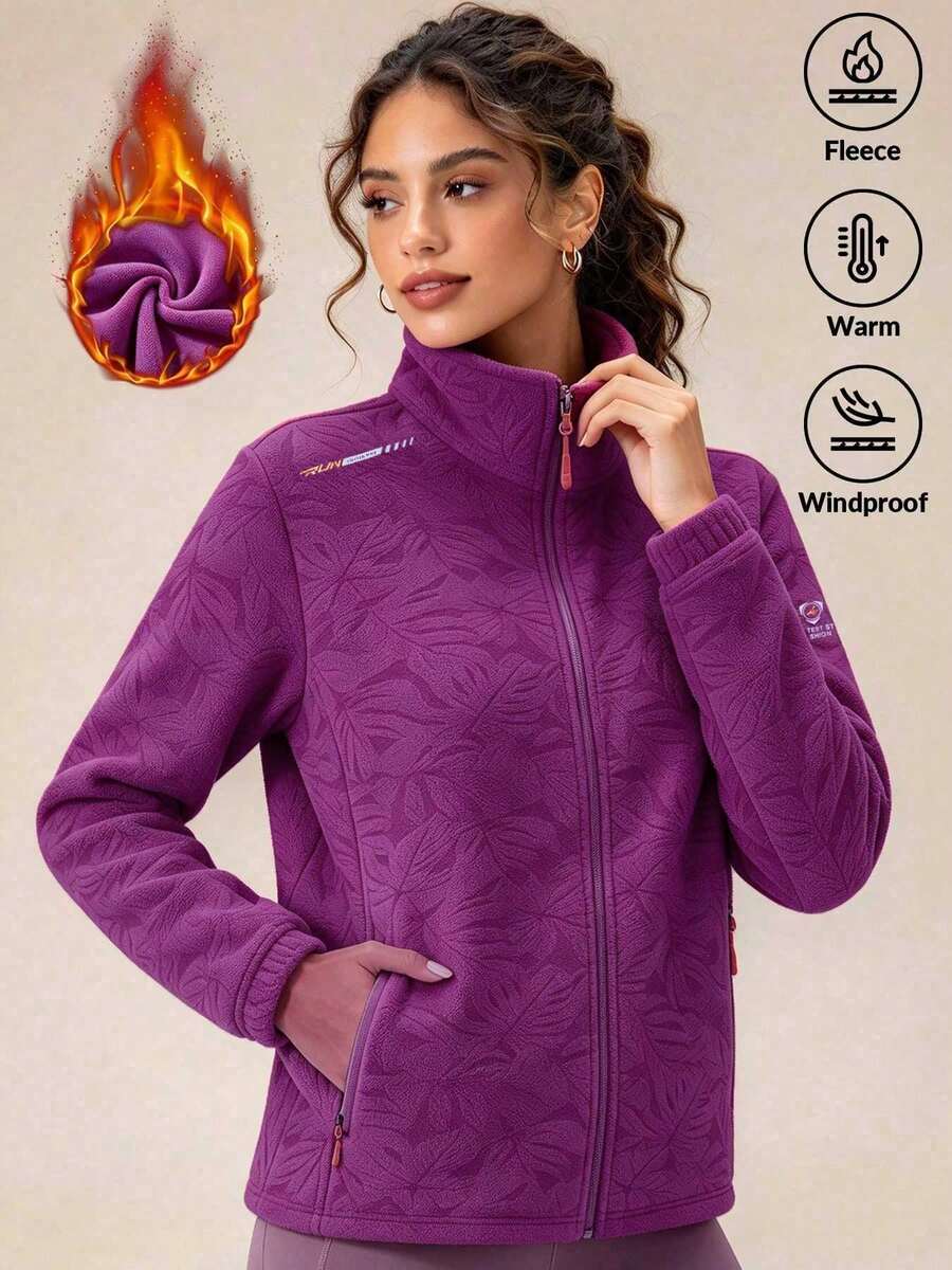 Chaqueta de forro polar para mujer de moda de otoño para exteriores, con estampado de hojas de arce, diseño de bolsillo con cremallera gruesa, chaqueta de forro polar para atuendo de otoño - Rojo violeta - Ver 1