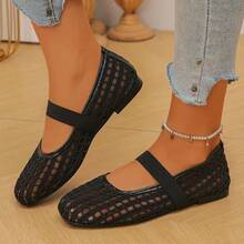 Sepatu Flat Mary Jane Jala Bernapas Musim Panas Ujung Bulat Potongan Dangkal Elastis Slip-On Kasual Wanita Slip-On - Hitam - View 3