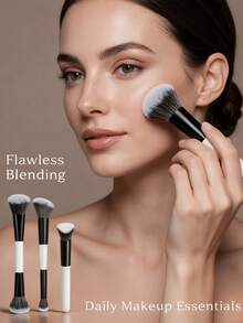 4pcs Professional Makeup Brush Set, Dual-Ended Foundation Brush, Angled Contour Brush, Highlighter Brush, Soft Fluffy Synthetic Bristle Makeup Brushes, Suitable For Blush, Bronzer, Concealer - Multicolor - View 3