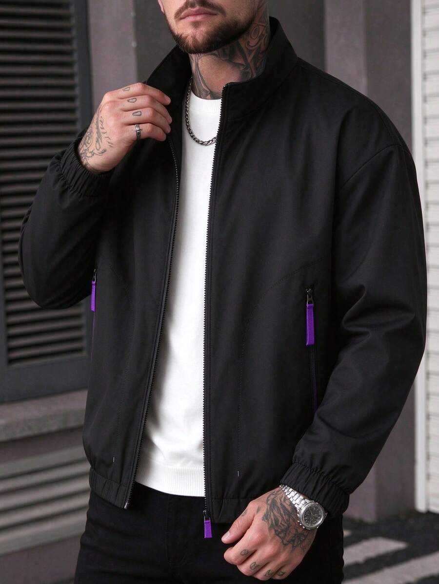 Men's Outdoor Casual Jacket With Stand Collar, Unique Zipper Head, Streetwear Versatile Spring/Autumn Outerwear - Black - View 1