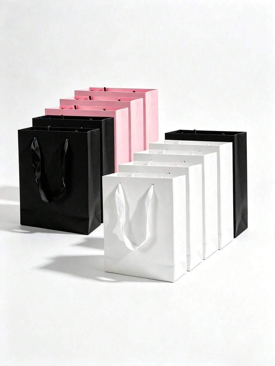 5pcs/1pc Blank Paper Gift Bags With Velvet Rope Handles, Reusable Matte Paper Shopping Tote Bags, Suitable For Wedding, Birthday Party, Boutique Retail Packaging, Black, White, Pink - Multicolor - View 1