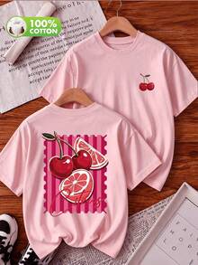 Women's Short Sleeve Crew Neck T-Shirt, Casual Style Cherry Pattern/Fruit Print, Suitable For Summer, 100% Cotton Pink - Pink - View 7