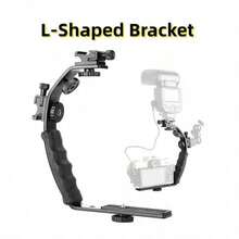 L-Shaped Camera Flash Bracket, Aluminum Alloy Handheld Holder With Dual Hot Shoe Mount, 1/4 Inch Screw, Portable Camera Extension Handle For DSLR & Mirrorless Cameras, Photography Studio Video Shooting Accessory, Not Included Camera & Flash - Black - View 7