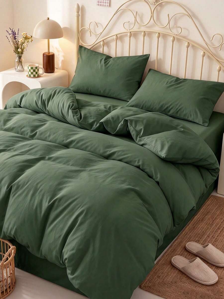 Set Sprei Ultra Lembut Warna Polos 2/3 Potong, Termasuk 1 Sarung Selimut dan 1/2 Sarung Bantal, Sangat Pas untuk Ukuran Kasur Twin, Full, Queen, King dan Ukuran Lainnya, Cocok untuk Semua Musim - Olive Green - View 1