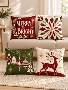 4 Buah Sarung Bantal Geometris Vintage Natal, Tulisan Merry & Bright, Pola Kepingan Salju, Ornamen & Rusa Kutub, Dekorasi Sofa Kamar Tidur Gaya Modern Pertengahan Abad Amerika, Cetakan Satu Sisi Super Lembut Imitasi, Isian Bantal Tidak Termasuk - MultiWarna - View 12