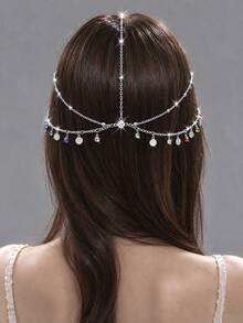 Multi-Layer Colorful Rhinestone Round Disc Fashion Head Chain, Double-Layer Chain Forehead Back-Hanging Hair Accessory, Exquisite Exotic Style For Women Party And Banquet Outfit - Silver - View 1