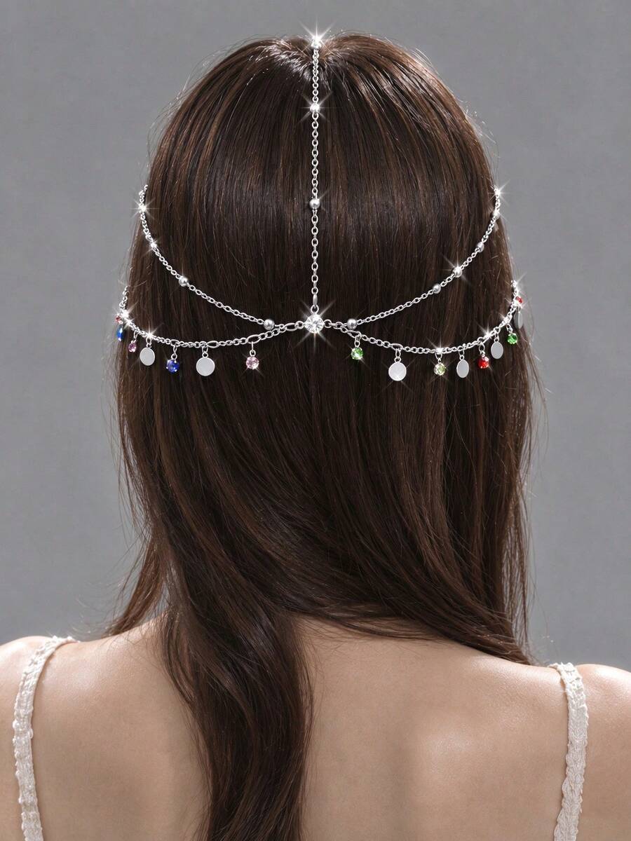 Multi-Layer Colorful Rhinestone Round Disc Fashion Head Chain, Double-Layer Chain Forehead Back-Hanging Hair Accessory, Exquisite Exotic Style For Women Party And Banquet Outfit - Silver - View 1
