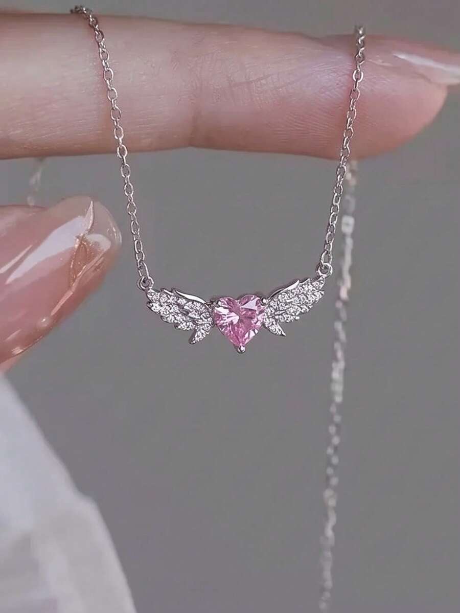 1pc Rose Gold Angel Wing Heart Pendant Necklace, Dainty Choker Clavicle Chain, Sweet Girl Style For Daily Wear