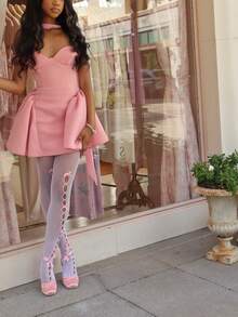 Women's Hollow Design Pantyhose, Front Pink Bow Decor Sheer Tights, Sweet And Charming Style - White - View 2