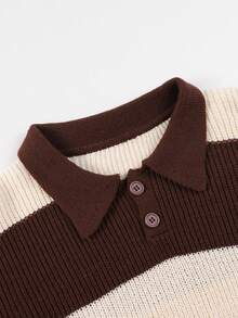 Teen Boys American Retro Colorblock Brown & White Striped Sweater, Loose Fit Drop Shoulder Collared Button-Up Knit Top - Brown - View 7