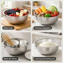 1/3pcs Stainless Steel Silver Colander With Single Handle, Quick Drainage, Reusable, Suitable For Washing Pasta, Fruits, Vegetables, Rice, And Storing And Drying Utensils, Kitchen Home Fruit And Vegetable Washing Basket, Fruit Bowl, Kitchen Utensils. - Multiple Sizes - View 4