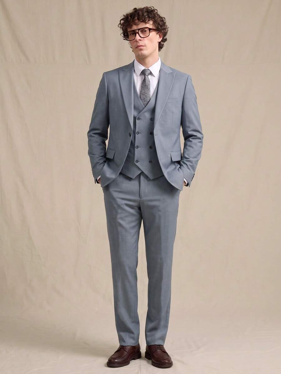 Men's Spring/Autumn Haze Blue Casual Fashion Design Suit Vest & Trousers 3 Pieces Set - Dusty Blue - View 1
