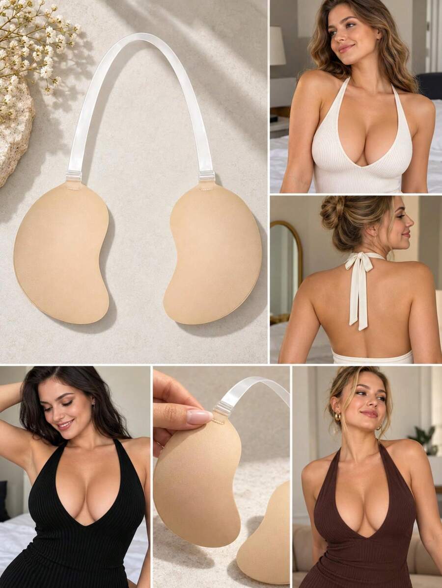 Women's Reusable Invisible Adhesive Bra - Transparent Shoulder Strap Thick Cup Adhesive Bra, Suitable For Wedding Dresses And Party Gowns, Hollow Breathable Design, Detachable Shoulder Straps, Hand Washable Invisible Underwear, Suitable For Daily Wear And Special Occasions - Apricot - View 1