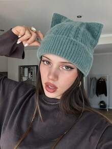 1pc Women Y2K Fluffy Faux Mink Knit Cat Ear Beanie, Cute Solid Color Warm Winter Skull Cap, Soft Stretchy Kitty Ear Pullover Hat - Twisted Plush Two-horned Hat - View 14