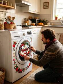 1pc Xmas Snowman Decal Sticker, Round Self-Adhesive Washing Machine Door Decor, Removable Waterproof Art Mural For Laundry Room, Kitchen, Fridge, Cabinet, Holiday Home Wall Decor - View 3