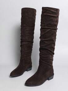 Women's Black Ruched Over-The-Knee Boots, Low Chunky Heel Slip-On Tall Boots, Pointed Toe Thigh-High Boots, Suitable For Autumn/Winter Daily Wear - Black - View 1