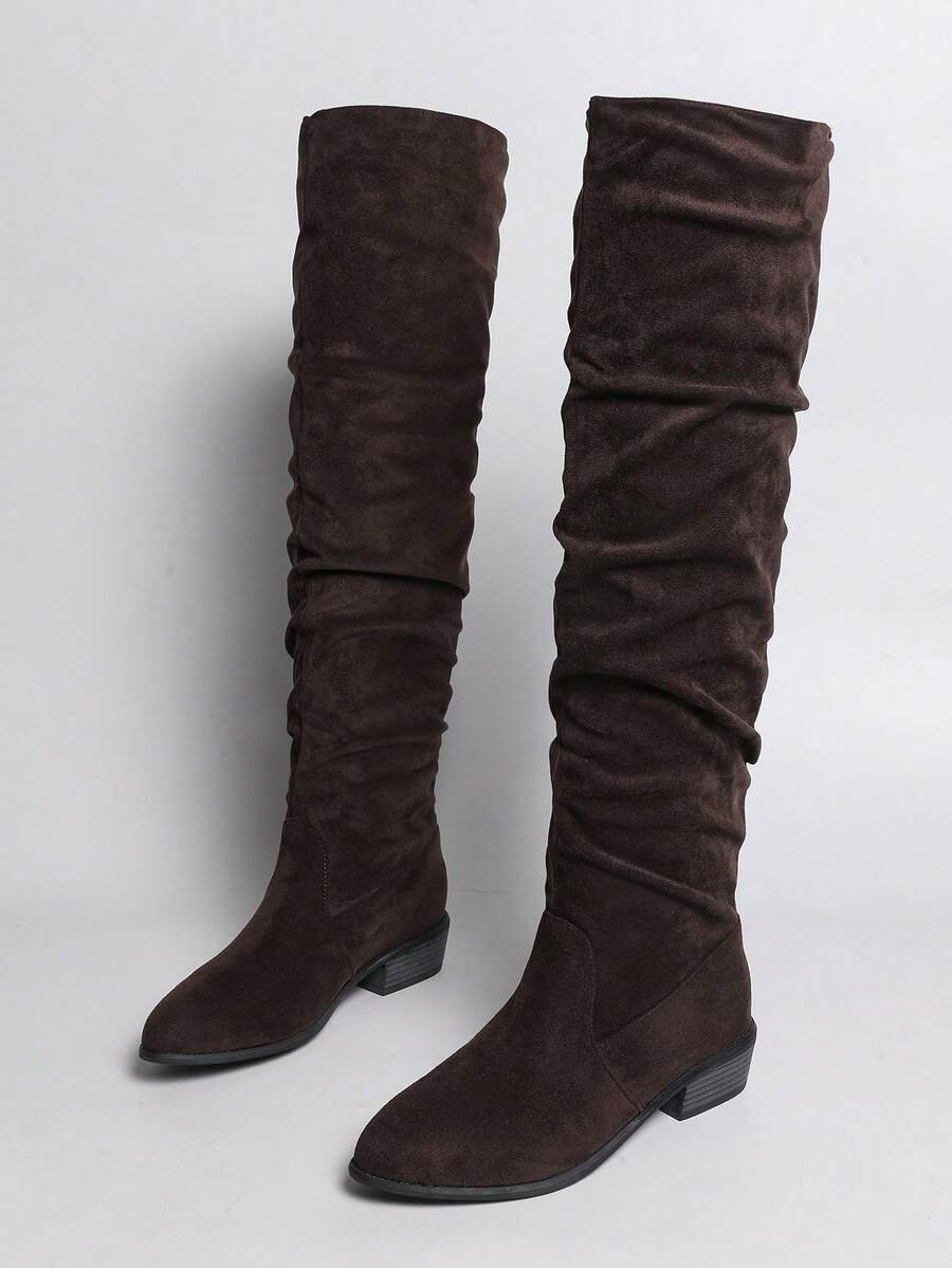 Women's Black Ruched Over-The-Knee Boots, Low Chunky Heel Slip-On Tall Boots, Pointed Toe Thigh-High Boots, Suitable For Autumn/Winter Daily Wear - Black - View 1