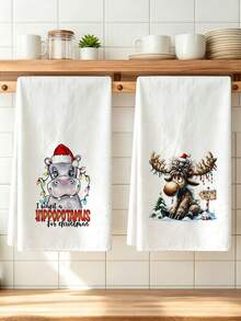 2pcs Kitchen Absorbent Towels, Made Of Polyester Material, Christmas Fun Reindeer And Hippo Pattern Print, Suitable For Kitchen And Bathroom, Ideal Choice For Housewives And Family Gatherings, High Cost-Effective Home Supplies, Great Room Decoration. - Multicolor - View 7
