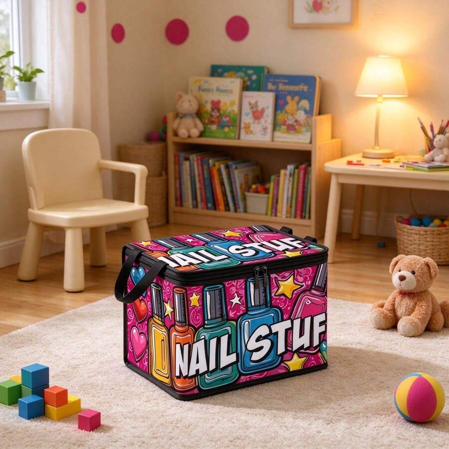 1PC Pop Art Nail Polish Print Storage Box With Zipper And Side Handles, Collapsible Multi-Purpose Organizer Bin For Cosmetics And Sundries, Perfect Home Decor And Room Decor - Multicolor - View 1