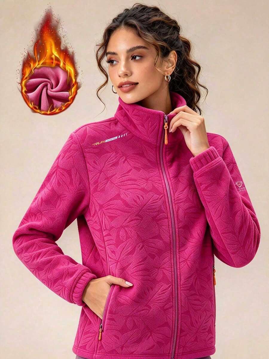 Autumn Fashion Women's Outdoor Fleece Jacket, Maple Leaf Pattern, Thick Zipper Pocket Design, Fleece Jacket Autumn Outfit - Hot Pink - View 1