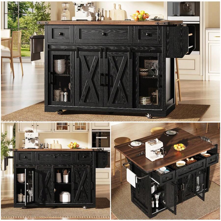 Kitchen Island Trolley With Extendable Worktop, 91cm Working Height, White/Black, Load Capacity Up To 75kg - Black + MDF - View 1