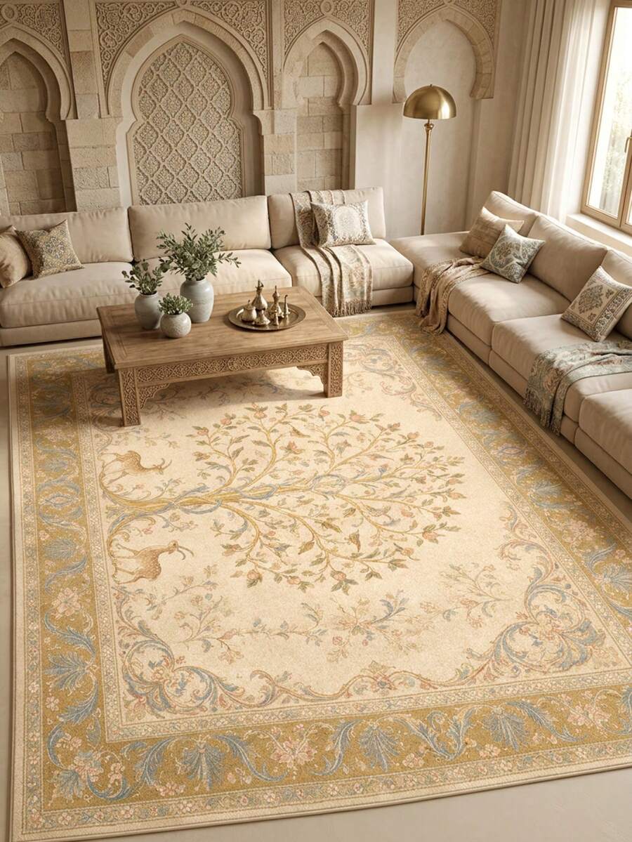 1PC Beige & Brown Vintage Tree Of Life & Deer Pattern French Country Style Faux Cashmere Rectangular Area Rug, Exquisite Bird & Botanical Vine Print Details, Machine Washable, Suitable For Living Room, Bedroom Home Decor, All Season Use, Aesthetic Home Decoration - Multicolor - View 1