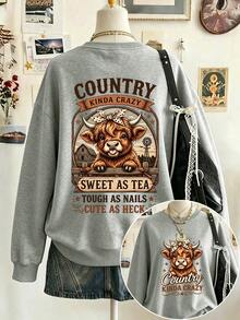 Plus-Size Women's Crew Neck Sweatshirt With Cute Highland Calf Double-Sided Print, Casual And Simple, Perfect For Everyday Autumn And Winter Wear. - Grey - View 1
