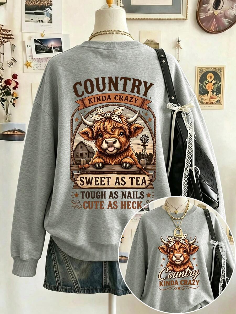 Plus-Size Women's Crew Neck Sweatshirt With Cute Highland Calf Double-Sided Print, Casual And Simple, Perfect For Everyday Autumn And Winter Wear. - Grey - View 1
