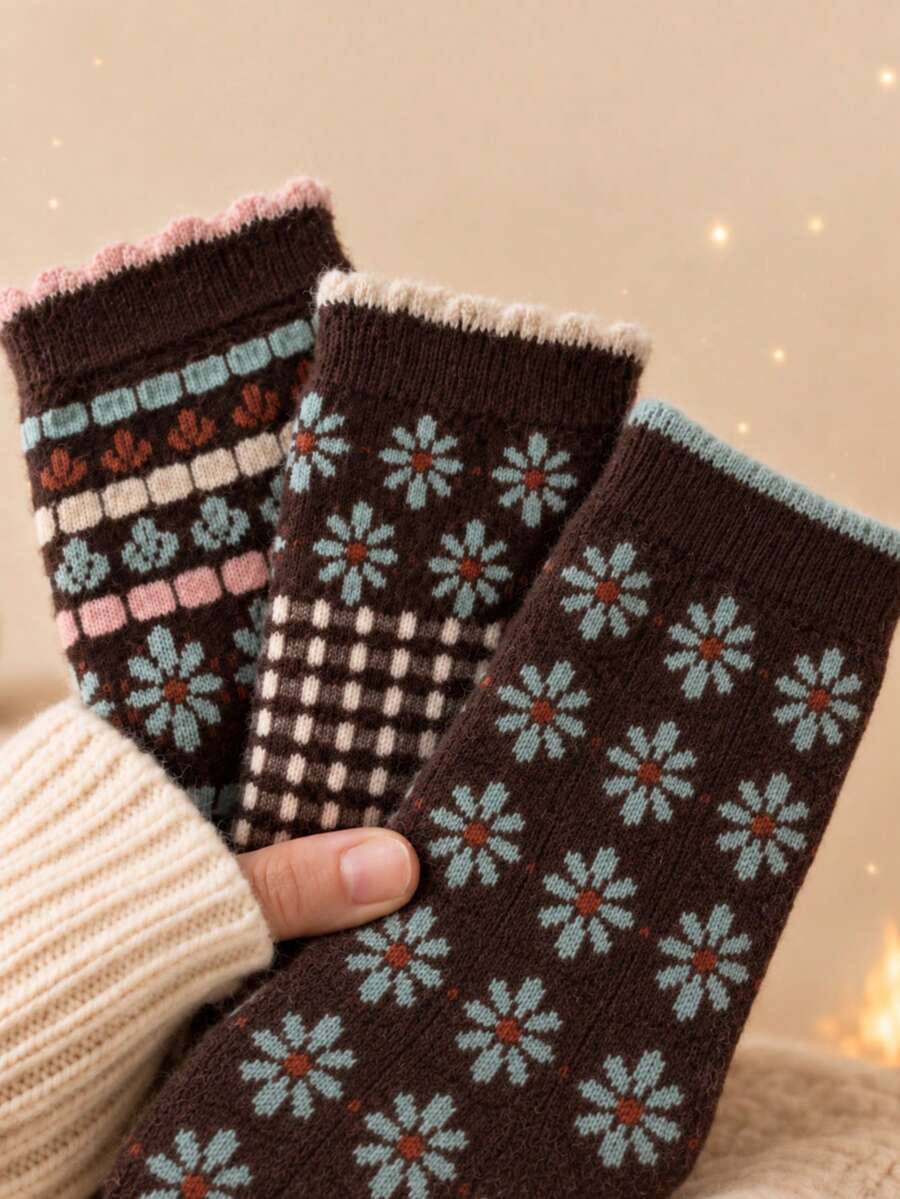 3 Pasang Kaos Kaki Ruffle Bunga Musim Gugur/Dingin Vintage, Gaya Akademi Jepang, Kaos Kaki Fleece Hangat Serbaguna dengan Renda Setinggi Betis - MultiWarna - View 1