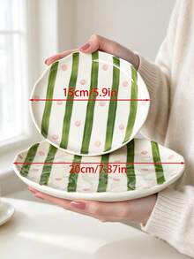 2Pcs 6"+8" Hand Painted Stripe & Polka Dot Ceramic Plates, Irregular Wavy Edge Dinner Dessert Plate, Ins Style Serving Tray For Breakfast Fruit Cake - Multicolor - View 7