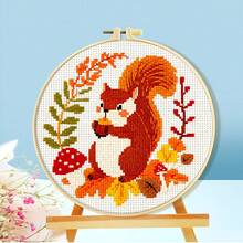 1 Set Autumn Forest Animal Cross Stitch Beginner Kit, Pre-Printed Pattern Embroidery Set, Includes Bamboo Embroidery Hoop, Colorful Embroidery Thread, Embroidery Needle And Instruction Manual, Hedgehog Fox Deer Squirrel Floral Design - A - View 6