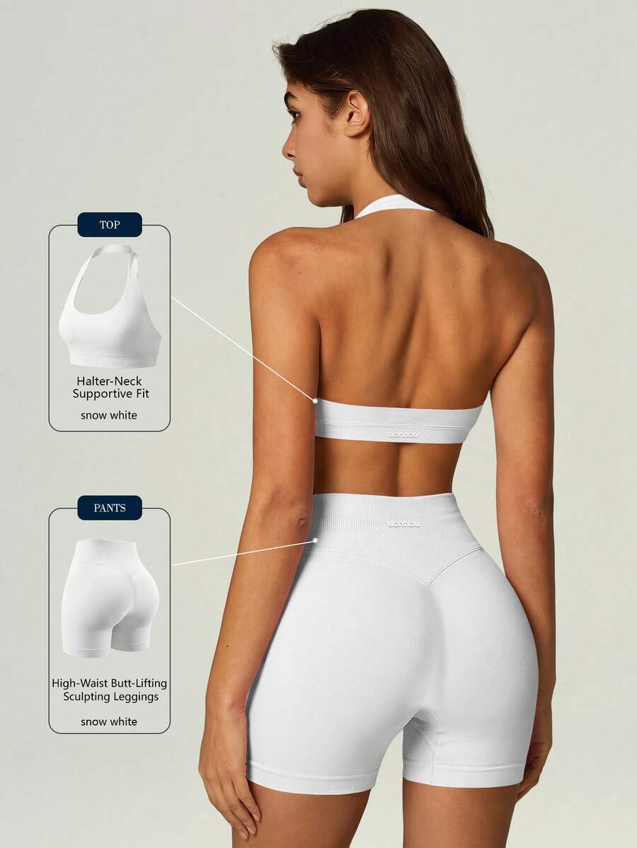 UONNOU 2Pcs Halter Sports Bra & High Waist Butt Lifting Biker Shorts, Women Stretch Yoga Workout Matching Set - White - View 1
