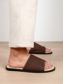 Men's Solid Color Luxury Casual Slides, One-Piece Wide Plush Design, Minimalist Elegant Style, Soft Elastic Inner Lining With Cushioning Foot Protection, Dual-Use For Home And Outdoor Wear, Versatile - Brown - View 9